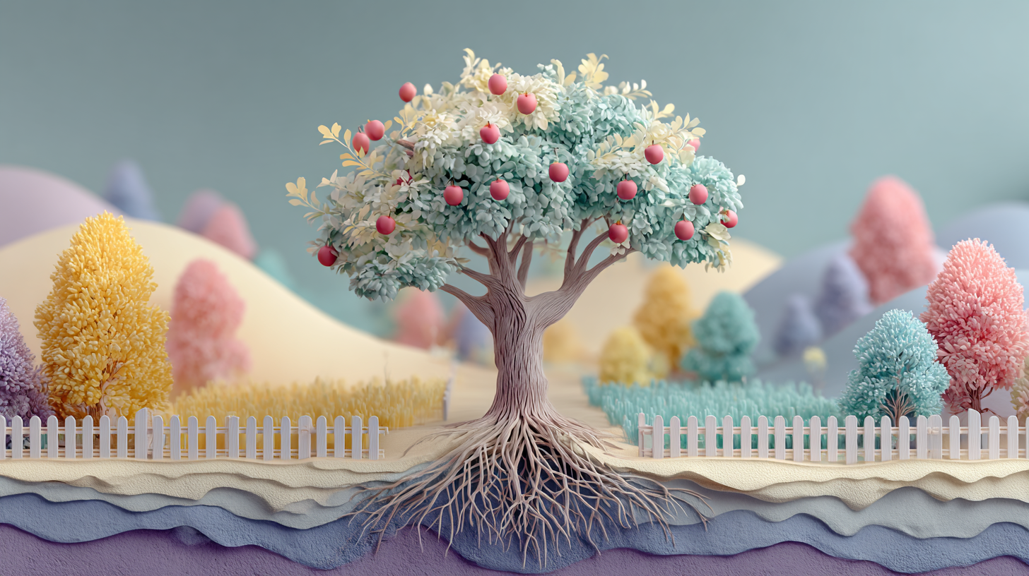 Apple Tree retirement income framework: roots represent CPF and SRS foundation, trunk represents promised income, fruits represent growth investments, fence represents liquidity and protection, and land represents property